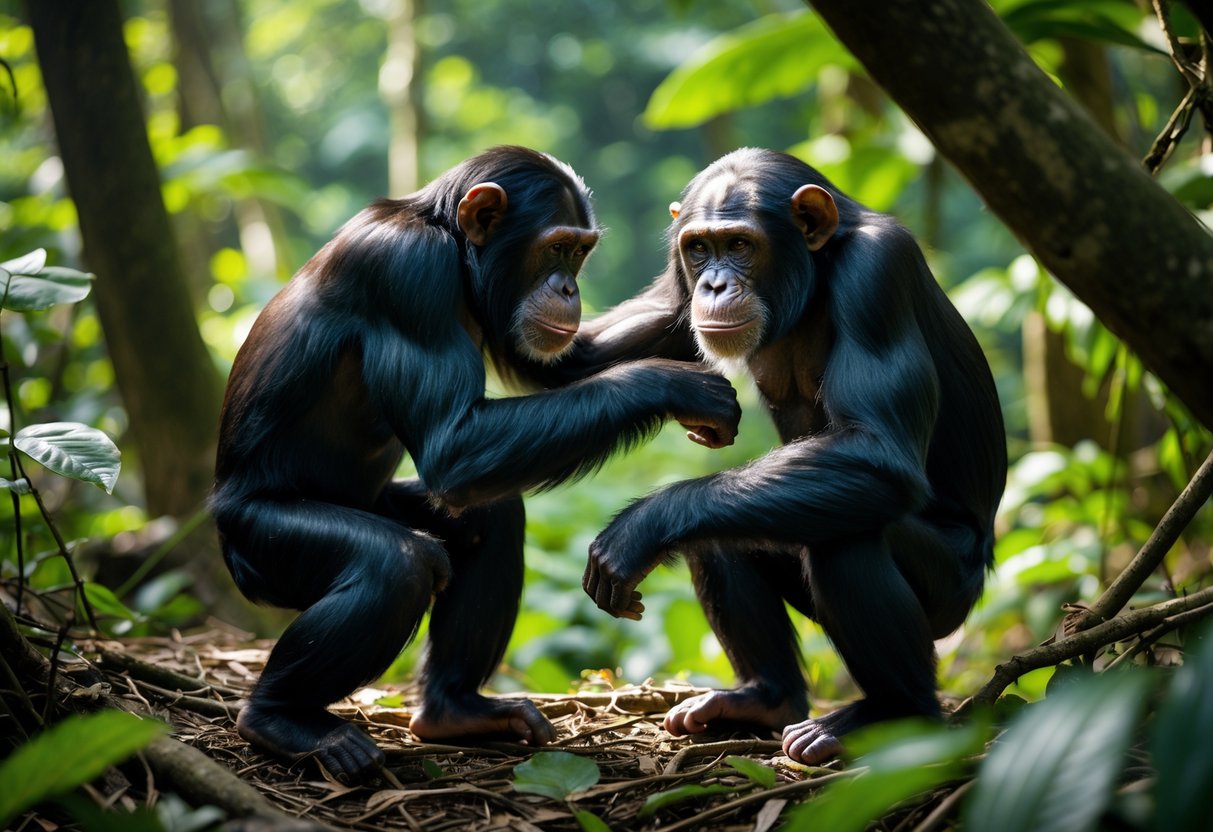 Two chimpanzees in a forest interacting with one showing dominance and the other appearing submissive.