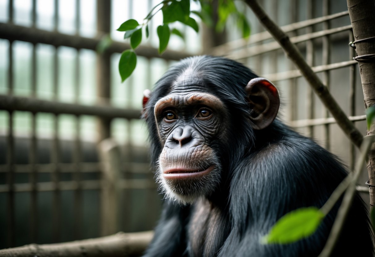 Close-up of a chimpanzee inside an enclosure looking directly ahead with expressive eyes, surrounded by natural elements and cage bars in the background.