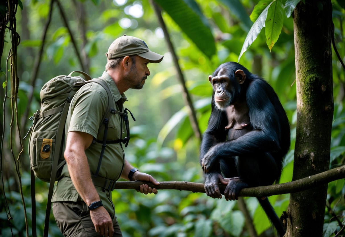 A man in outdoor gear cautiously watches a chimpanzee sitting on a tree branch in a dense jungle.