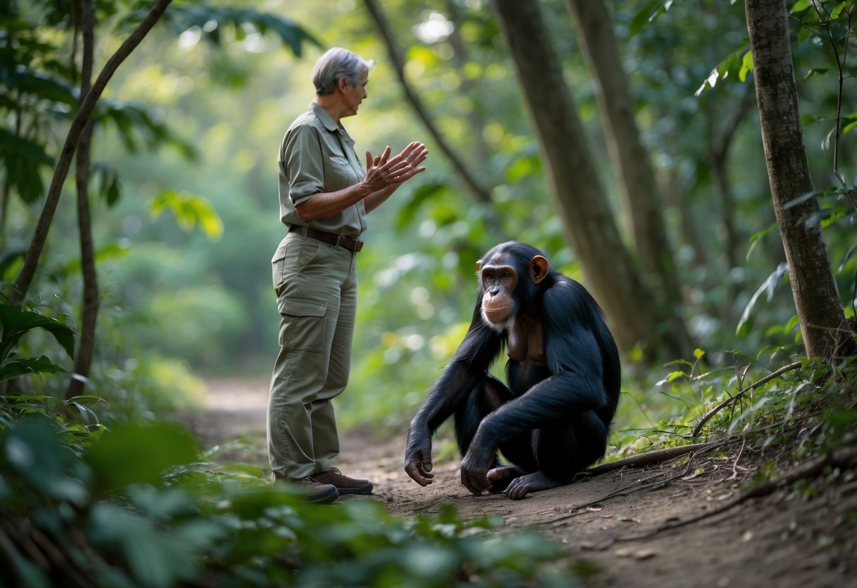 A person calmly standing near a chimpanzee in a forest, both looking at each other peacefully.