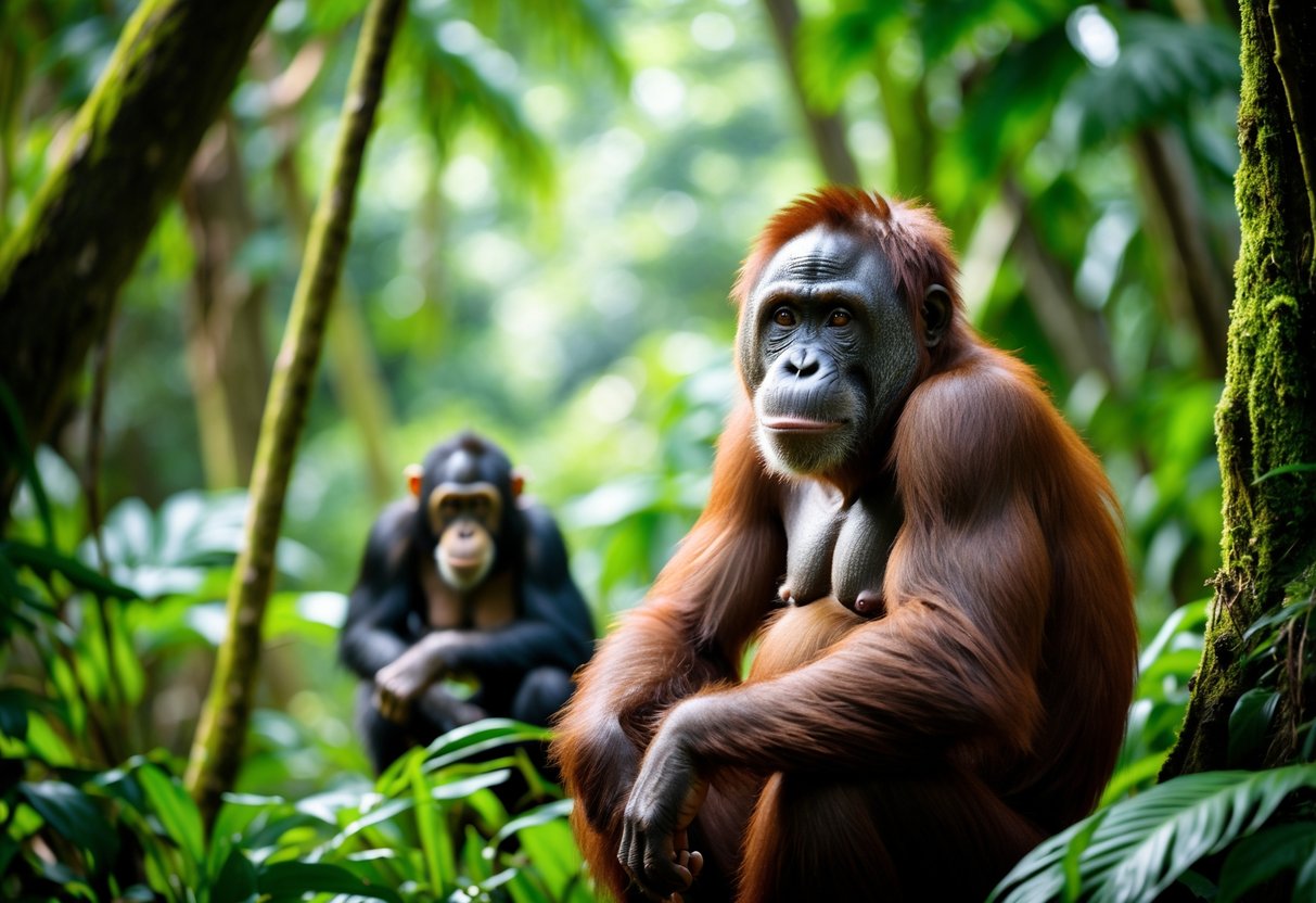 An orangutan sitting calmly in a green rainforest with a chimpanzee visible in the background.