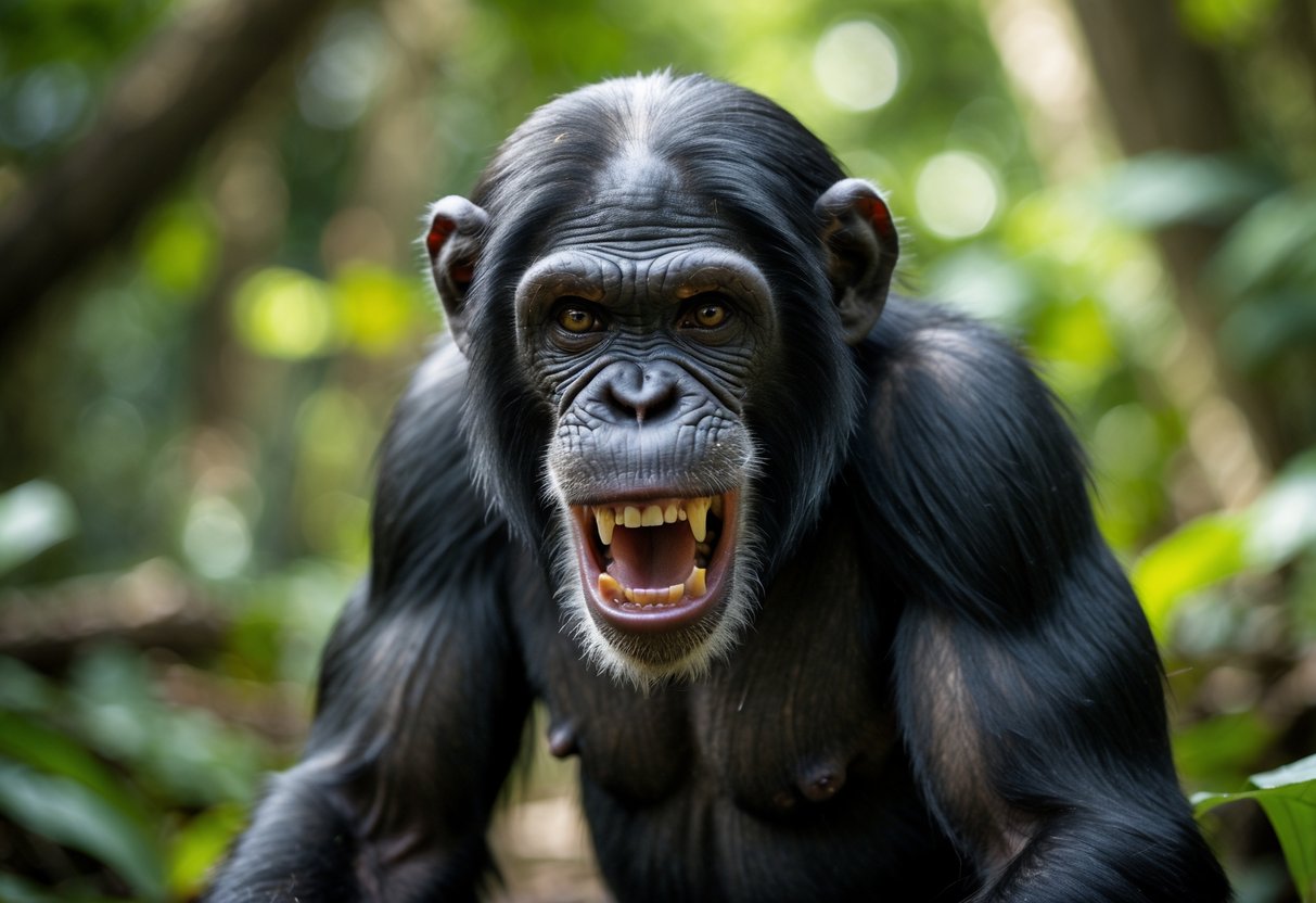 A chimpanzee in a forest showing its teeth with an open mouth and intense expression.