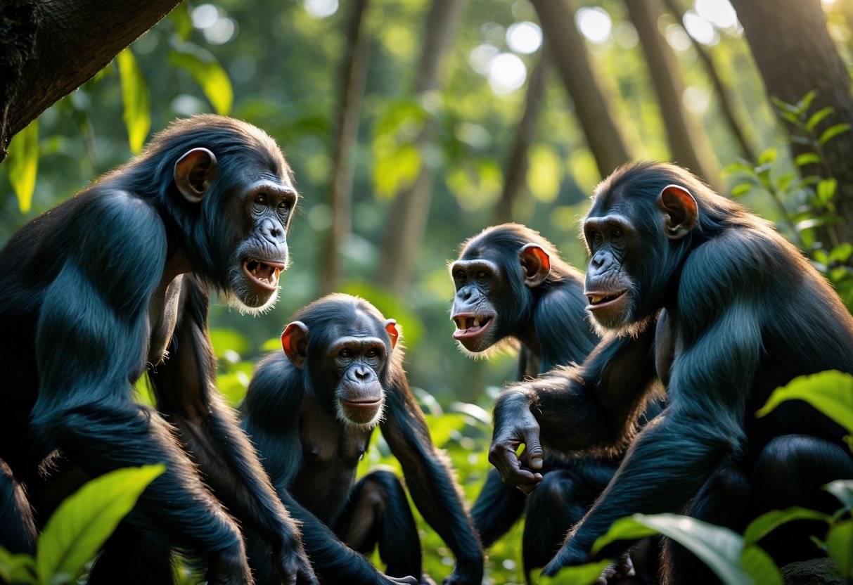 A group of chimpanzees in a forest showing one dominant chimp displaying aggressive behavior while others react cautiously.