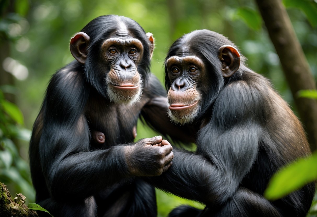 Two chimpanzees in a forest gently touching each other in a friendly way.