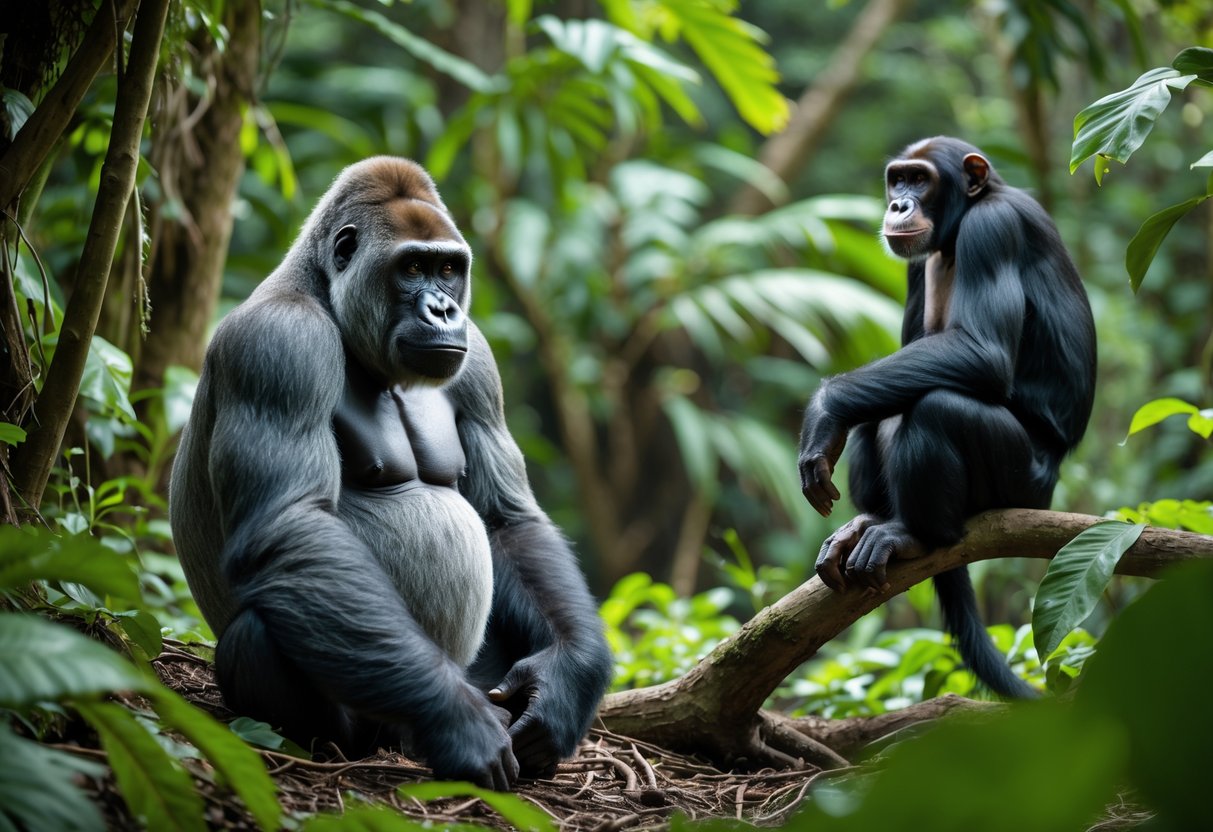 A calm adult gorilla sitting on the forest floor near a curious chimpanzee perched on a branch in a green jungle.