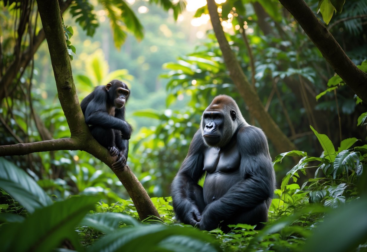 A gorilla sitting calmly on the forest floor while a chimpanzee watches from a nearby tree branch in a lush jungle.