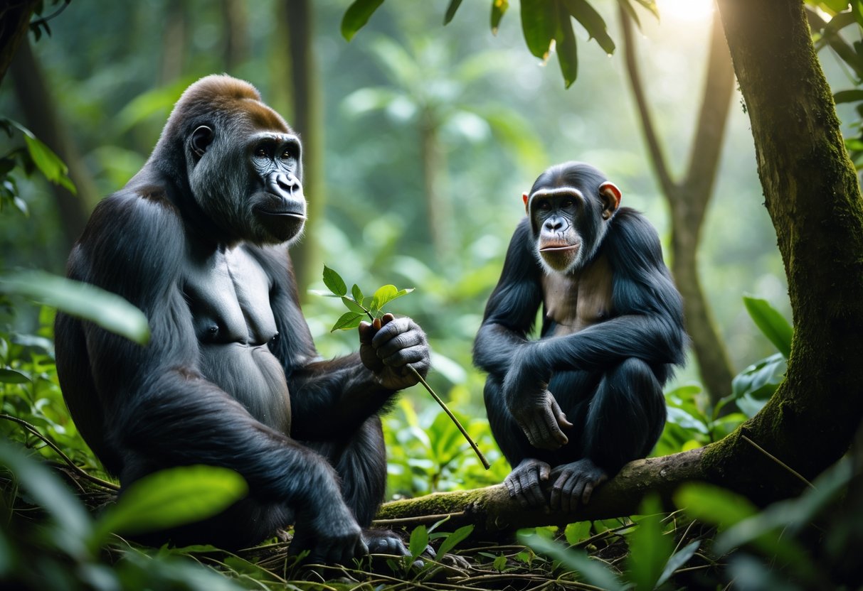 A calm adult gorilla sitting on the forest floor and a relaxed chimpanzee on a low tree branch surrounded by green foliage in a tropical forest.