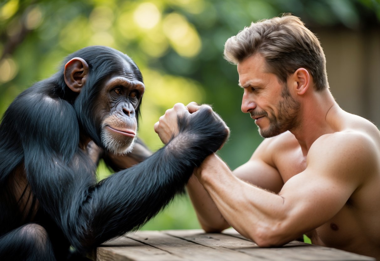 A chimpanzee and a man arm wrestling at a wooden table outdoors with green foliage in the background.