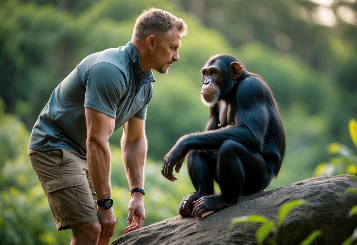 A person and a chimpanzee face each other outdoors with calm expressions, surrounded by greenery.