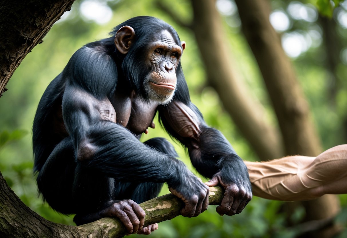 A chimpanzee gripping a tree branch with muscular arms next to a human arm resting on a wooden surface.