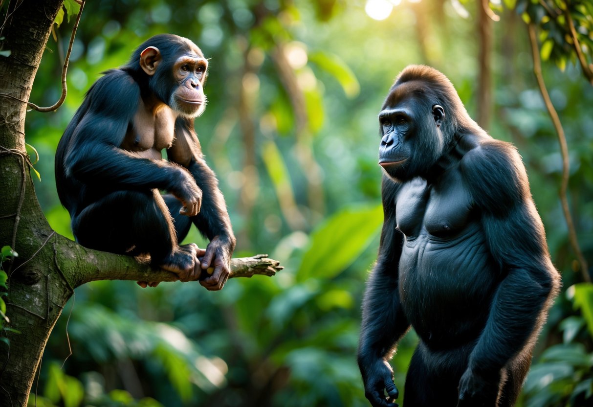 A chimpanzee sitting on a tree branch and a gorilla standing on the ground in a green jungle.
