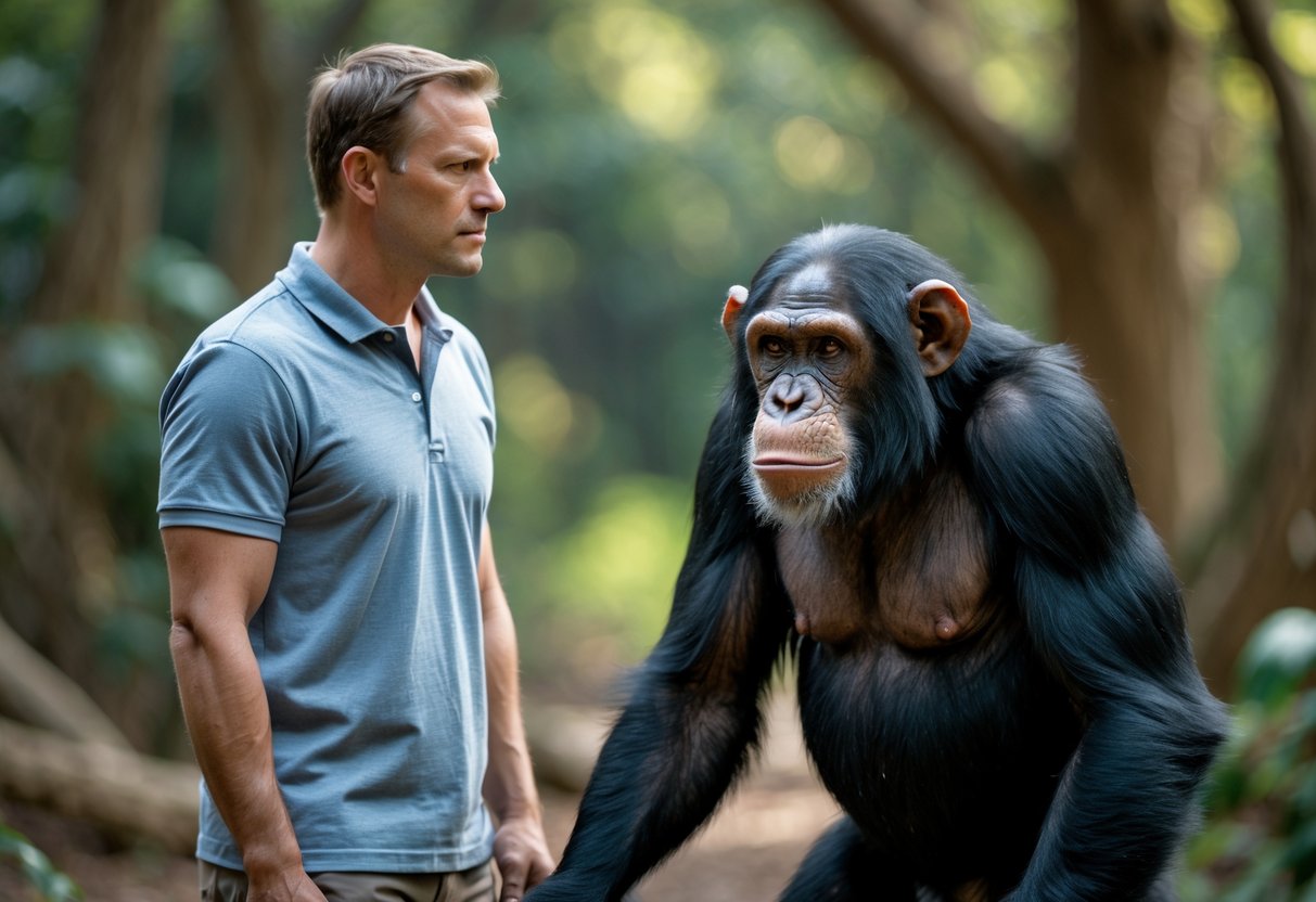 A man calmly facing a chimpanzee in a forest setting, both looking alert and focused.