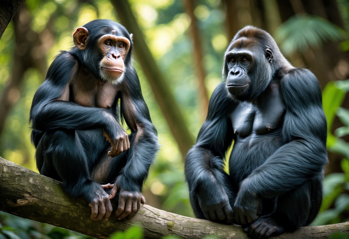 A chimpanzee sitting on a tree branch next to a gorilla sitting on the ground in a jungle setting.