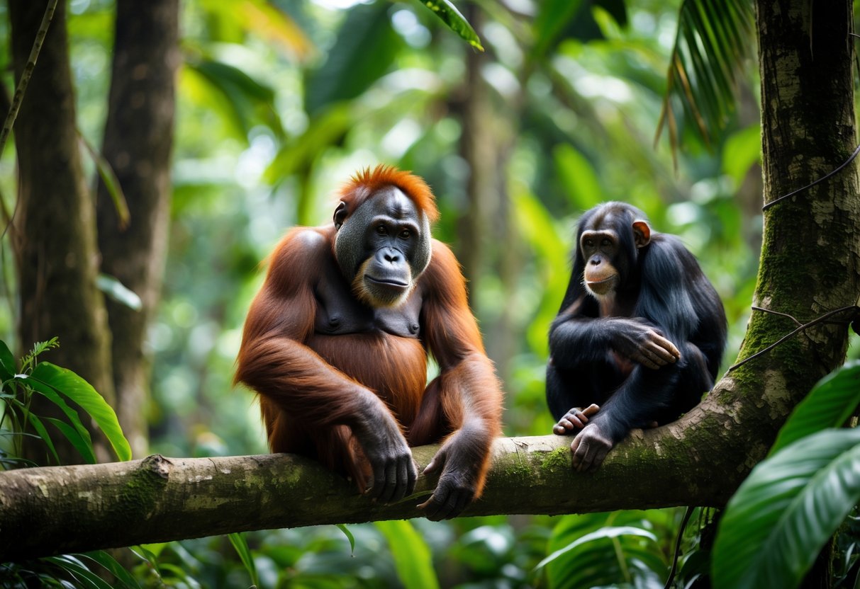 An adult orangutan and a chimpanzee sitting calmly on tree branches in a dense tropical rainforest.