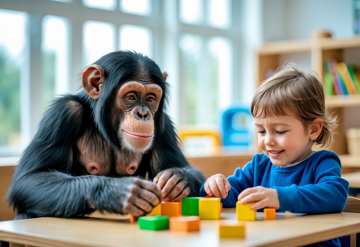A young chimpanzee and a 5-year-old child sitting together at a table, both focused on arranging colorful blocks in a bright classroom.