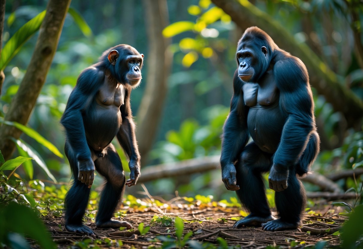 A chimpanzee and a gorilla standing face to face in a jungle setting.