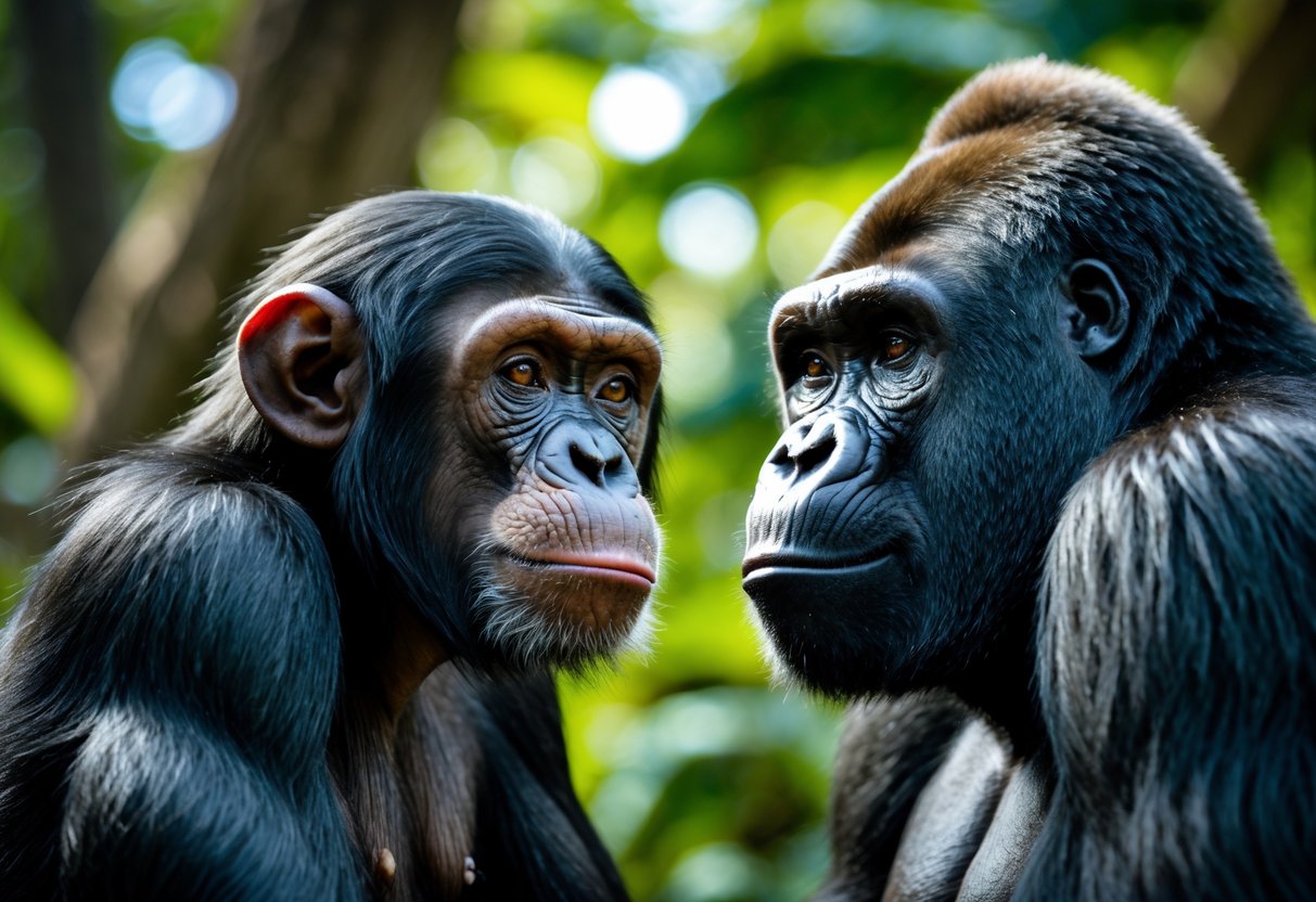 A chimpanzee and a gorilla facing each other in a jungle setting surrounded by green foliage.