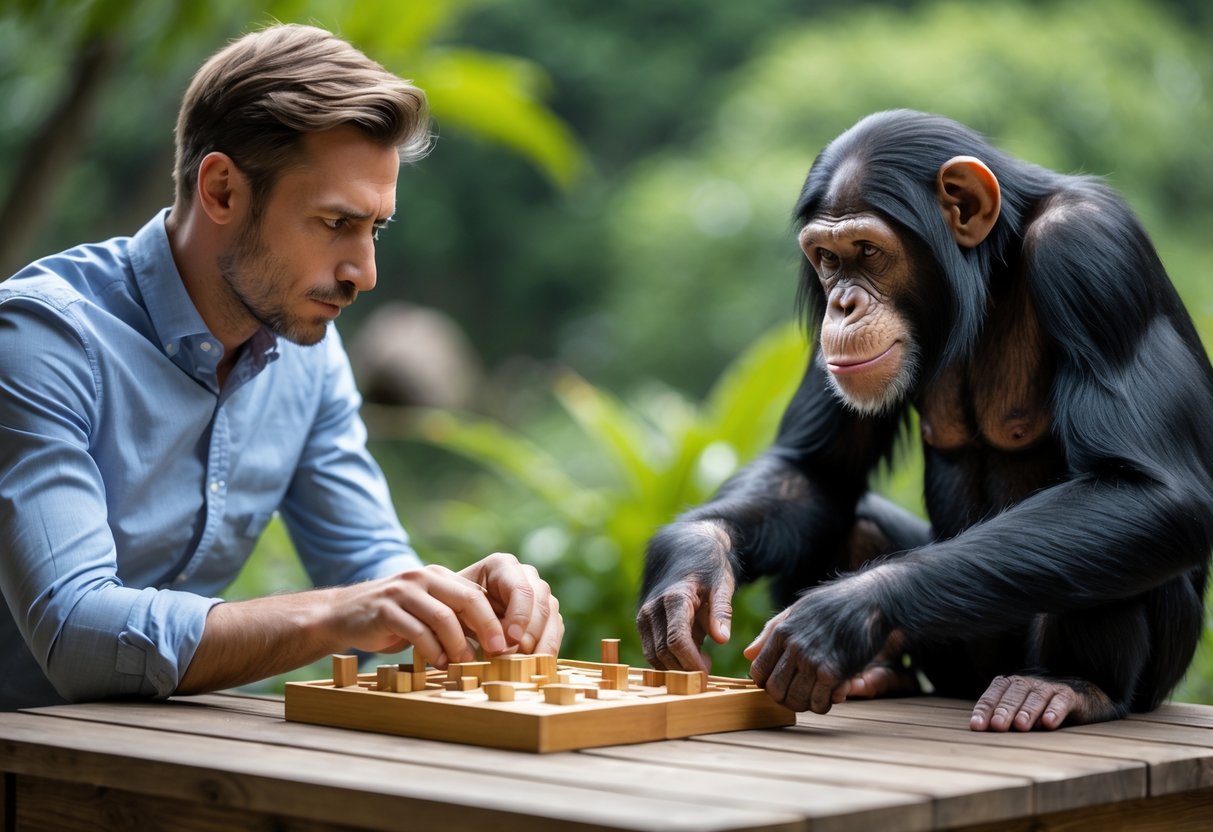 A human and a chimpanzee sitting across from each other at a table, both focused on solving puzzles.