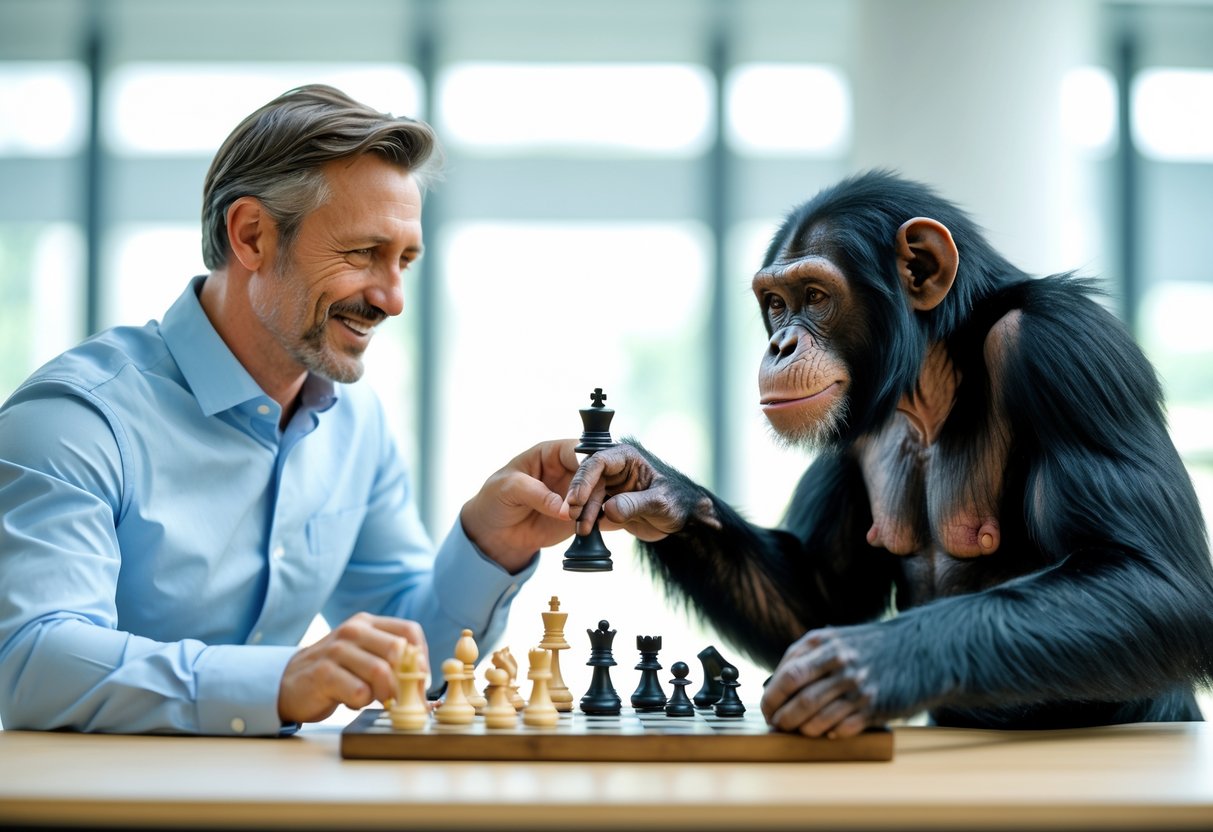A man and a chimpanzee sitting across from each other at a table, both focused on a chessboard between them.