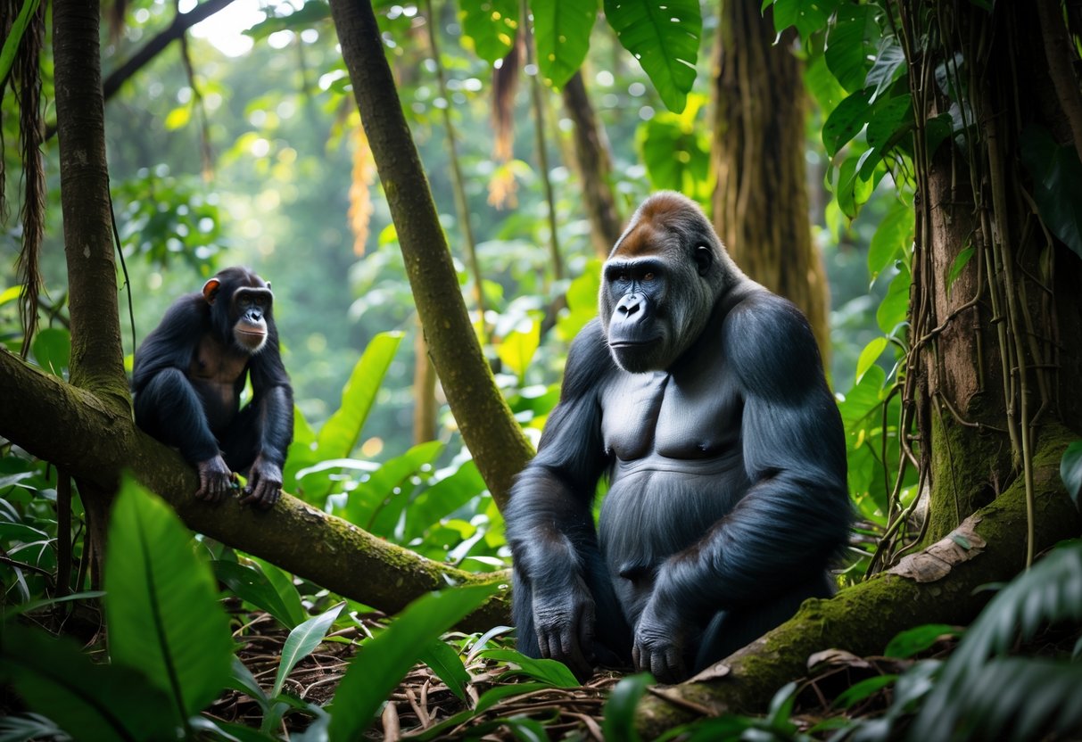 A gorilla sitting calmly on the forest floor with a chimpanzee resting on a nearby tree branch in a lush jungle.
