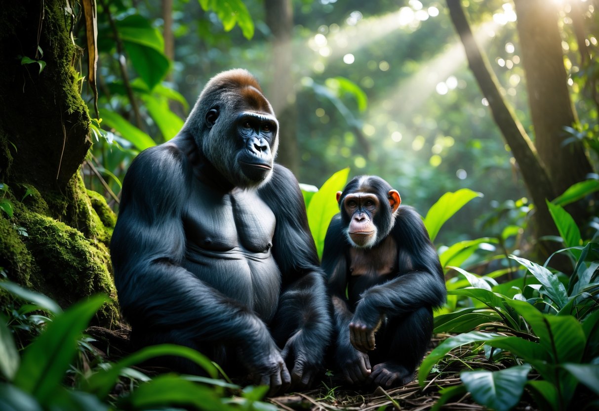 A gorilla and a chimpanzee sitting close together in a dense tropical rainforest surrounded by green plants.