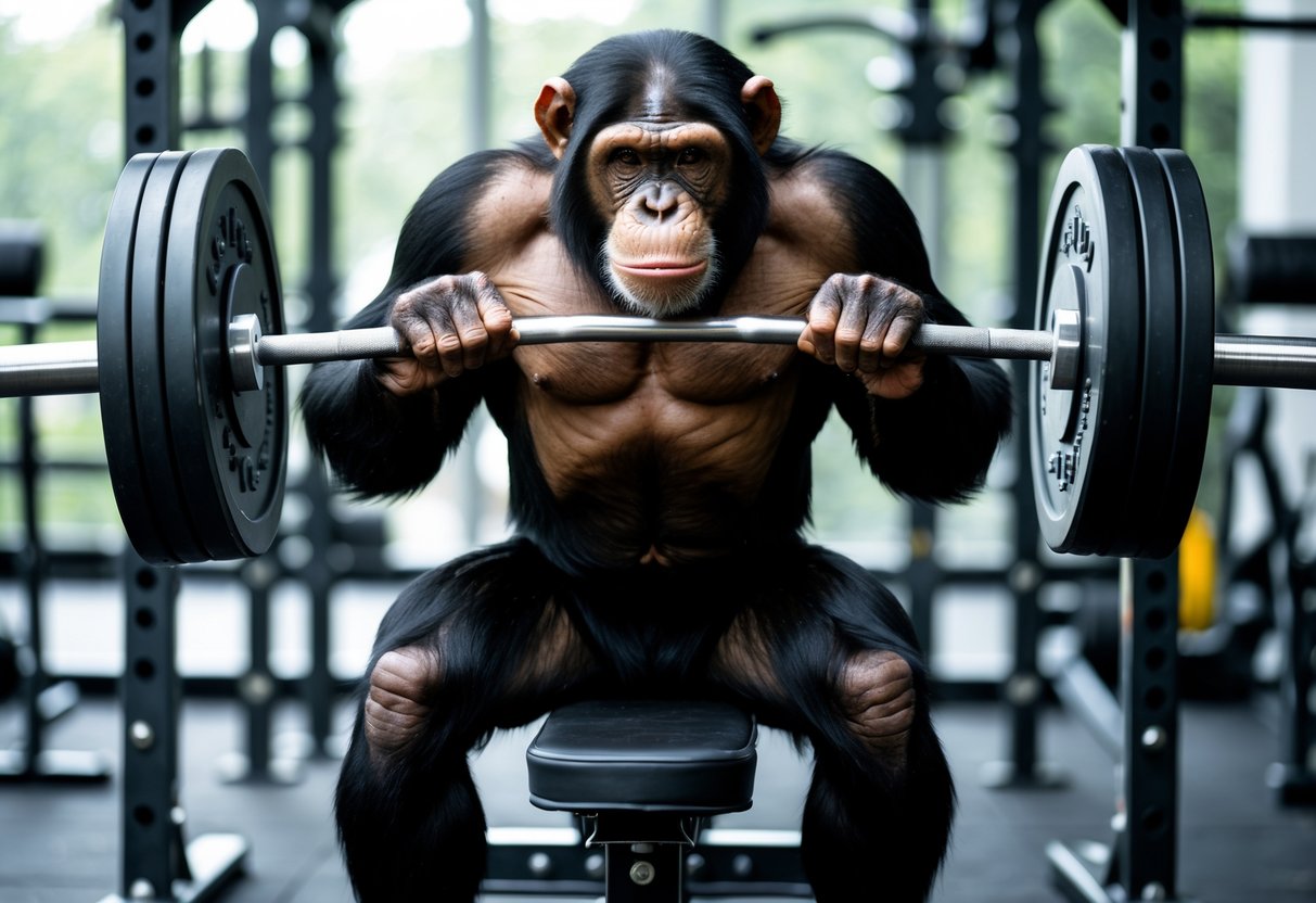 A chimpanzee lifting a heavy barbell on a bench press in a gym.