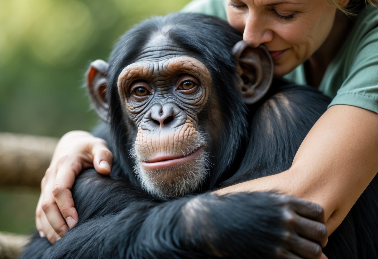 A chimpanzee being gently hugged by a human in a natural outdoor setting.