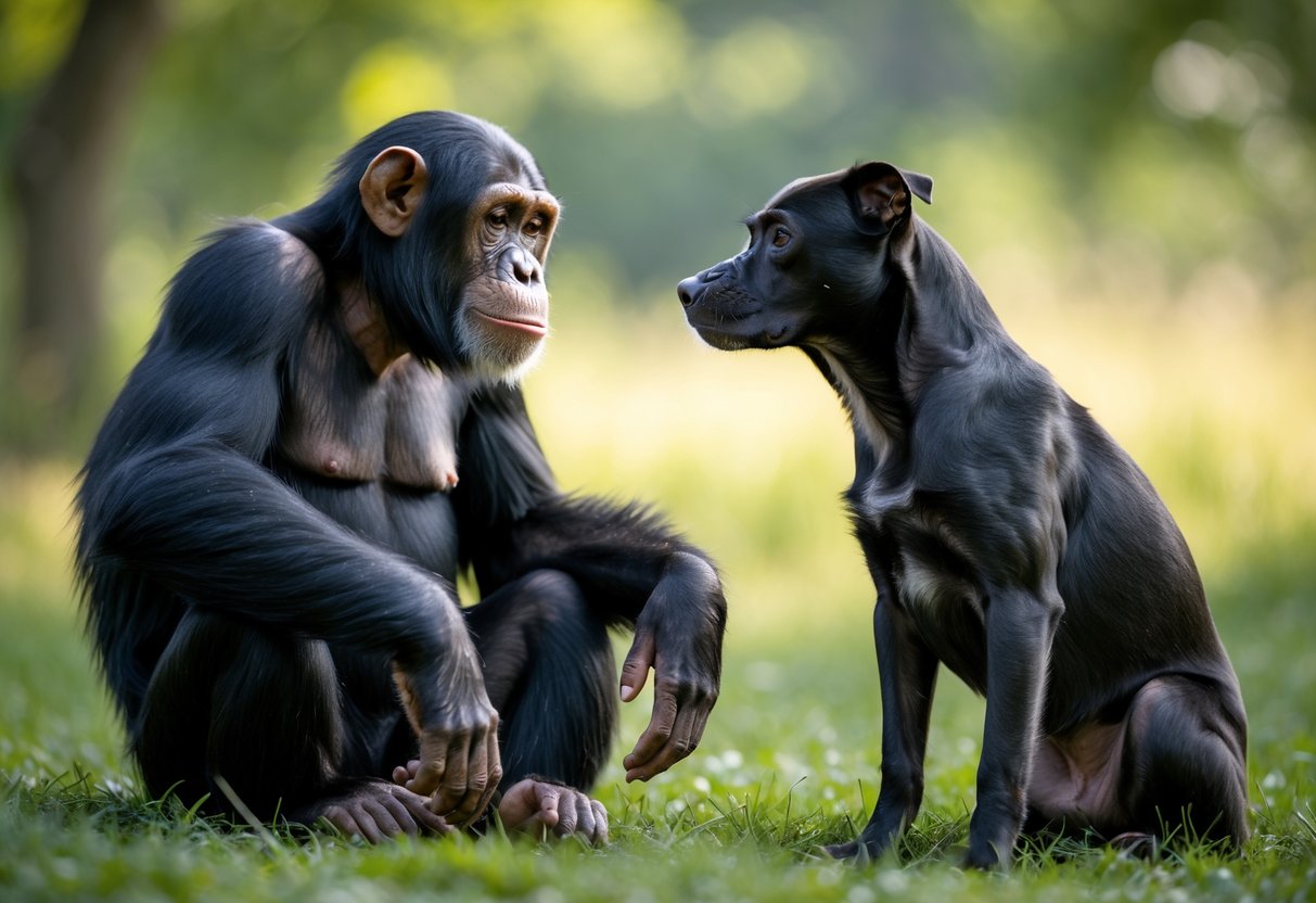 A chimpanzee and a dog sitting calmly facing each other outdoors surrounded by grass and trees.