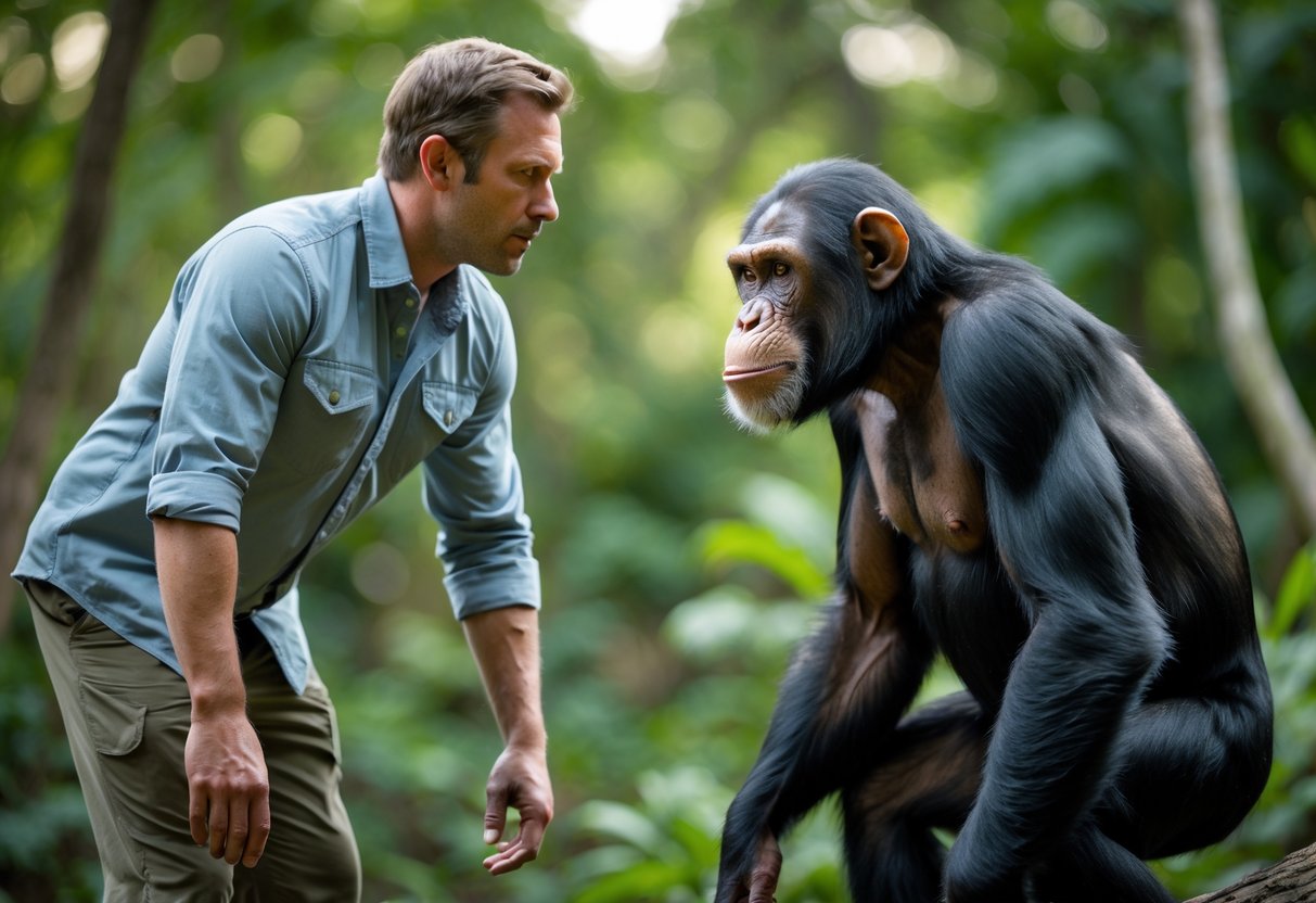 A man and a chimpanzee face each other outdoors in a forest setting, both looking focused and alert.