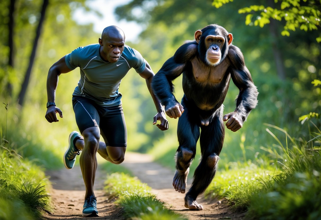 A human and a chimpanzee running side by side on a forest trail.