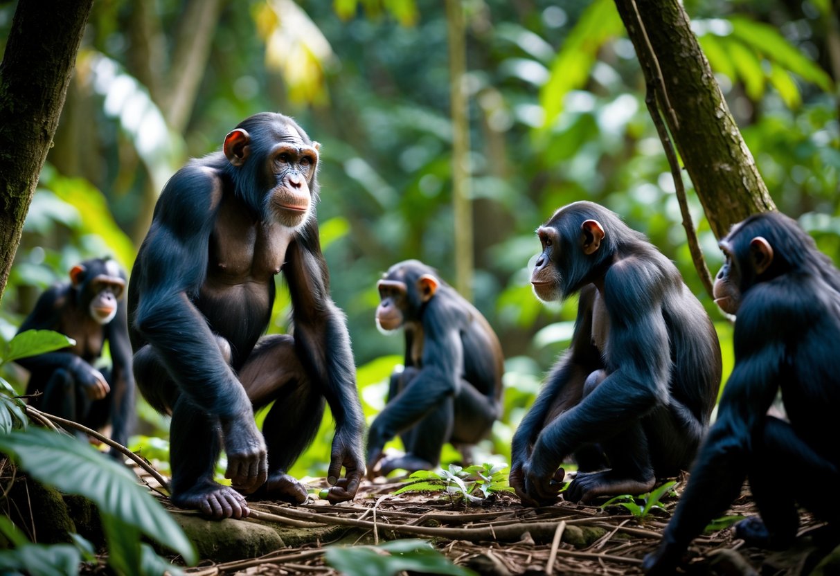 A group of wild chimpanzees in a forest with a dominant male showing assertive behavior toward a female chimpanzee.