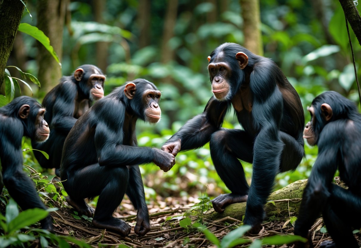 A male chimpanzee displaying dominant behavior towards a female chimpanzee in a forest, with other chimpanzees nearby observing.