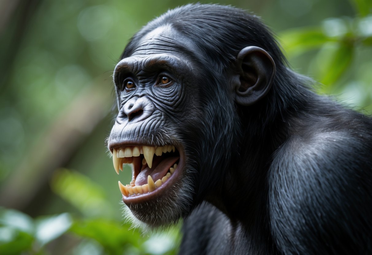 Close-up of a chimpanzee showing its teeth with a natural forest background.