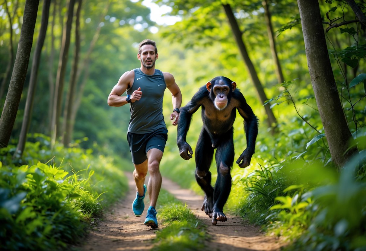 A human and a chimpanzee running side by side on a forest trail surrounded by trees and greenery.