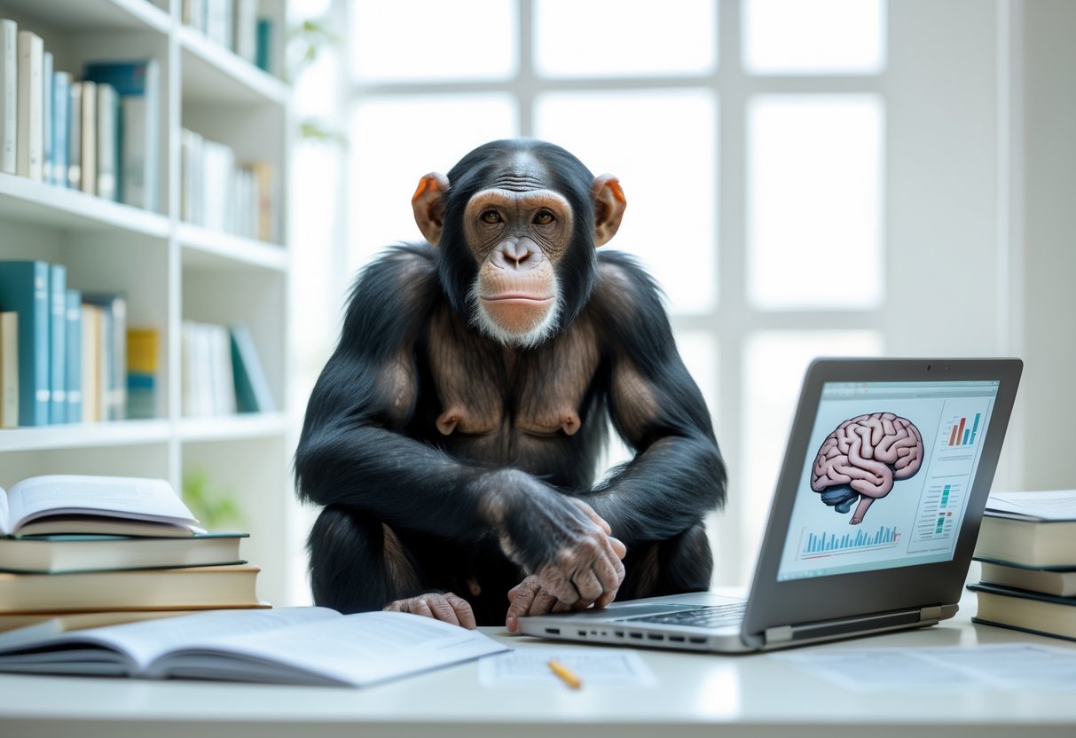 A chimpanzee sitting thoughtfully in a study room with books, papers, and a laptop.