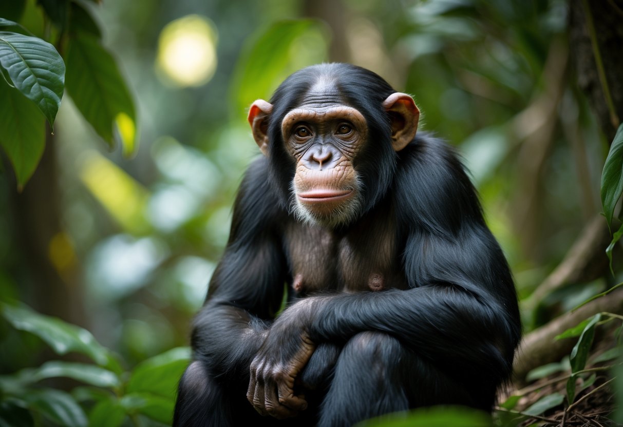 A chimpanzee sitting in a green jungle environment looking thoughtfully at the camera.