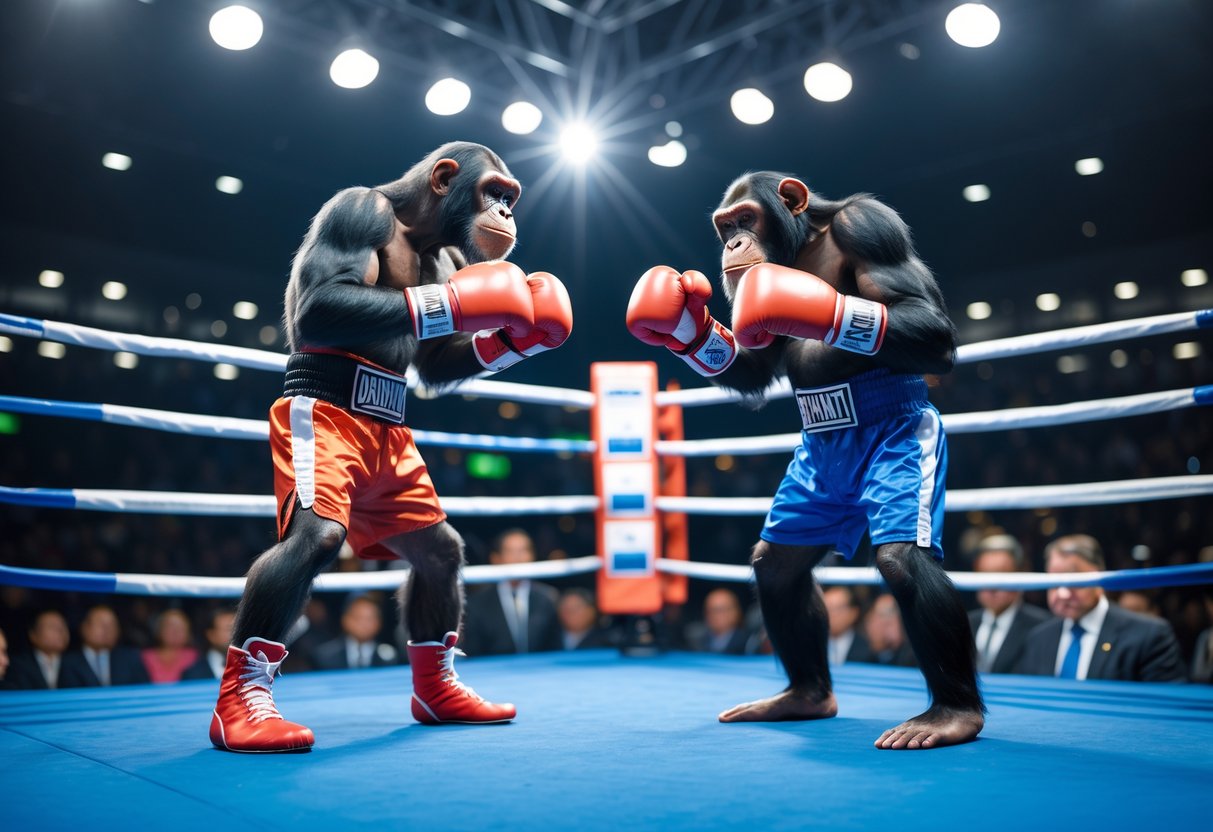 A man and a chimpanzee wearing boxing gloves face each other in a boxing ring, ready to fight.