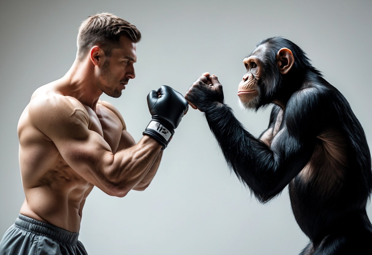 A man and a chimpanzee facing each other in a neutral setting, both appearing focused and ready.
