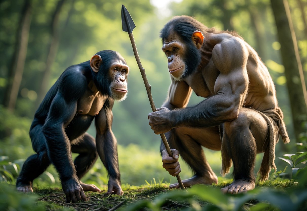 A Neanderthal man and a chimpanzee face each other in a forest, both appearing alert and calm.