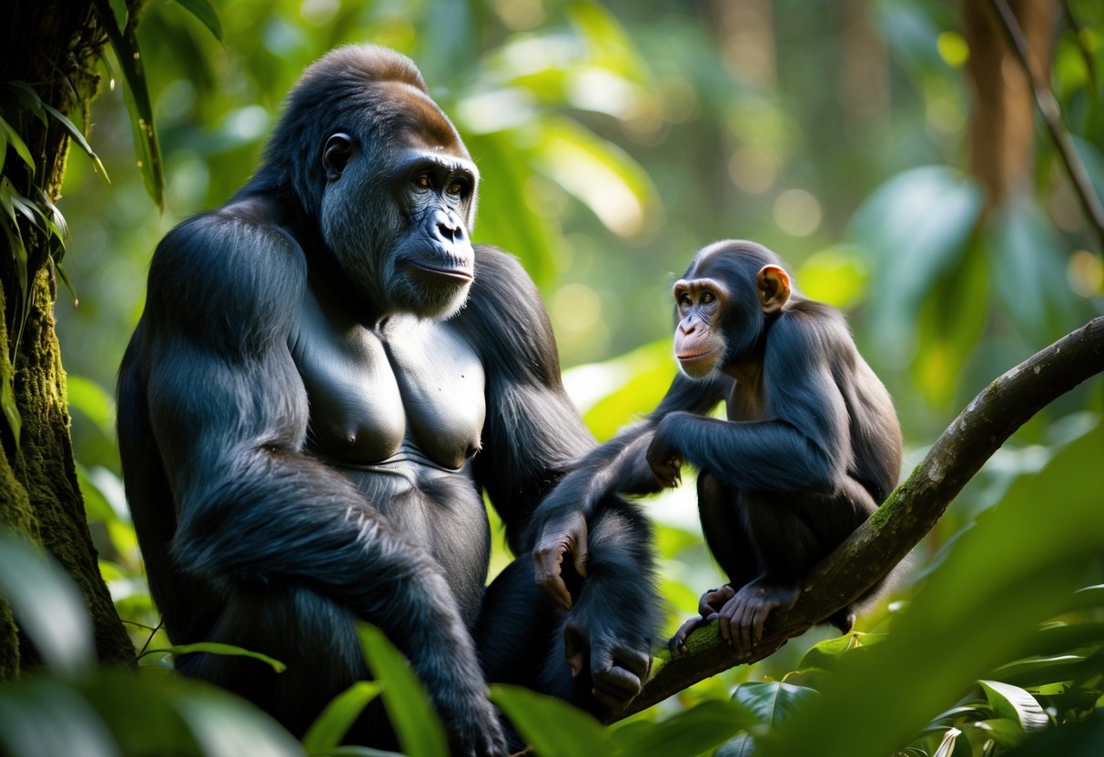 A gorilla sitting on the forest floor and a chimpanzee on a nearby branch looking at each other in a tropical forest.