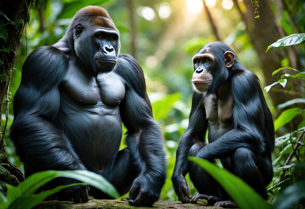 A gorilla and a chimpanzee standing side by side in a jungle surrounded by green trees and plants.