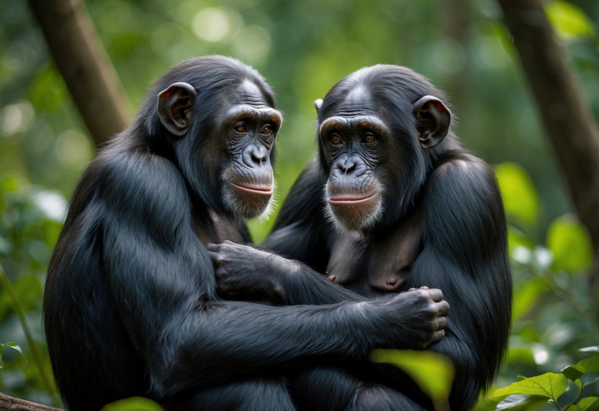 Two chimpanzees in a forest interacting closely during mating behavior.