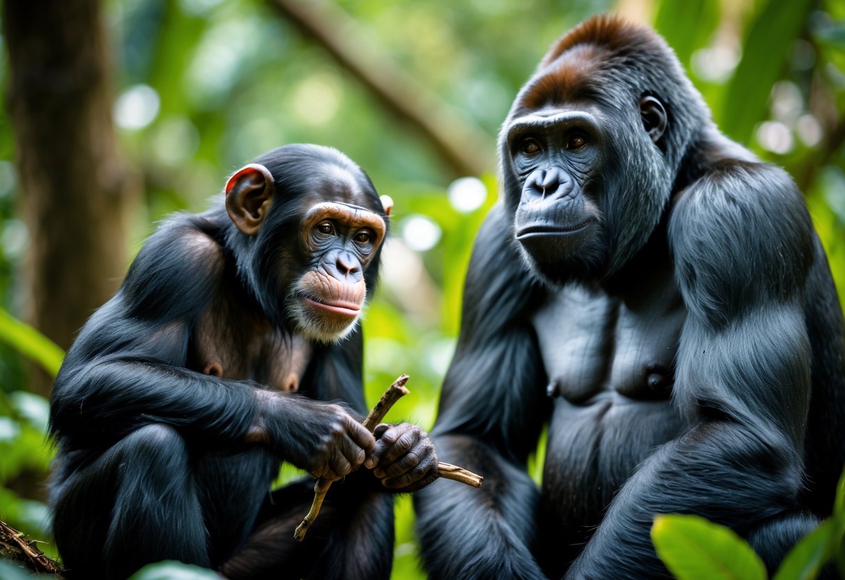 A chimpanzee and a gorilla sitting side by side in a jungle setting, both looking attentive and calm.