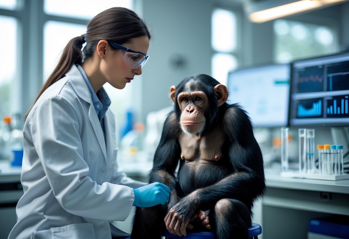 A female scientist in a lab coat examining a calm chimpanzee in a modern laboratory setting.