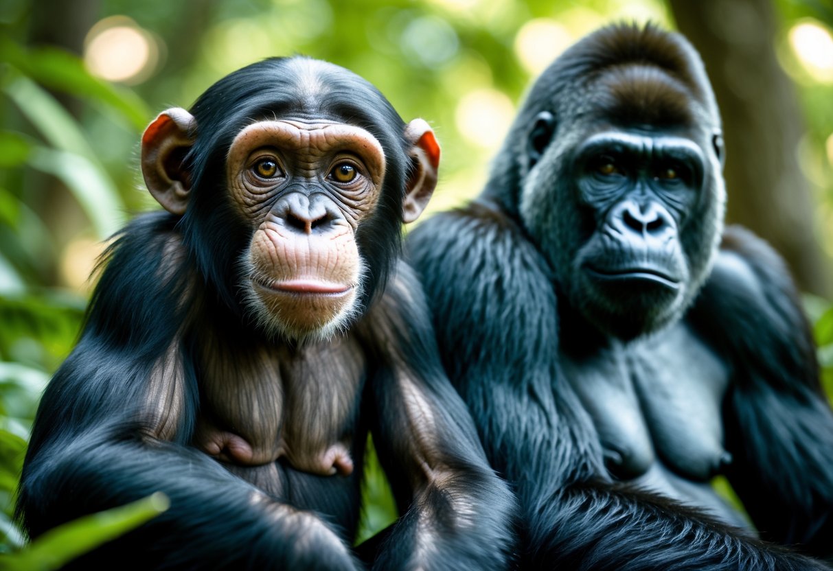 A chimpanzee and a gorilla sitting side by side in a forest, both looking calm and attentive.
