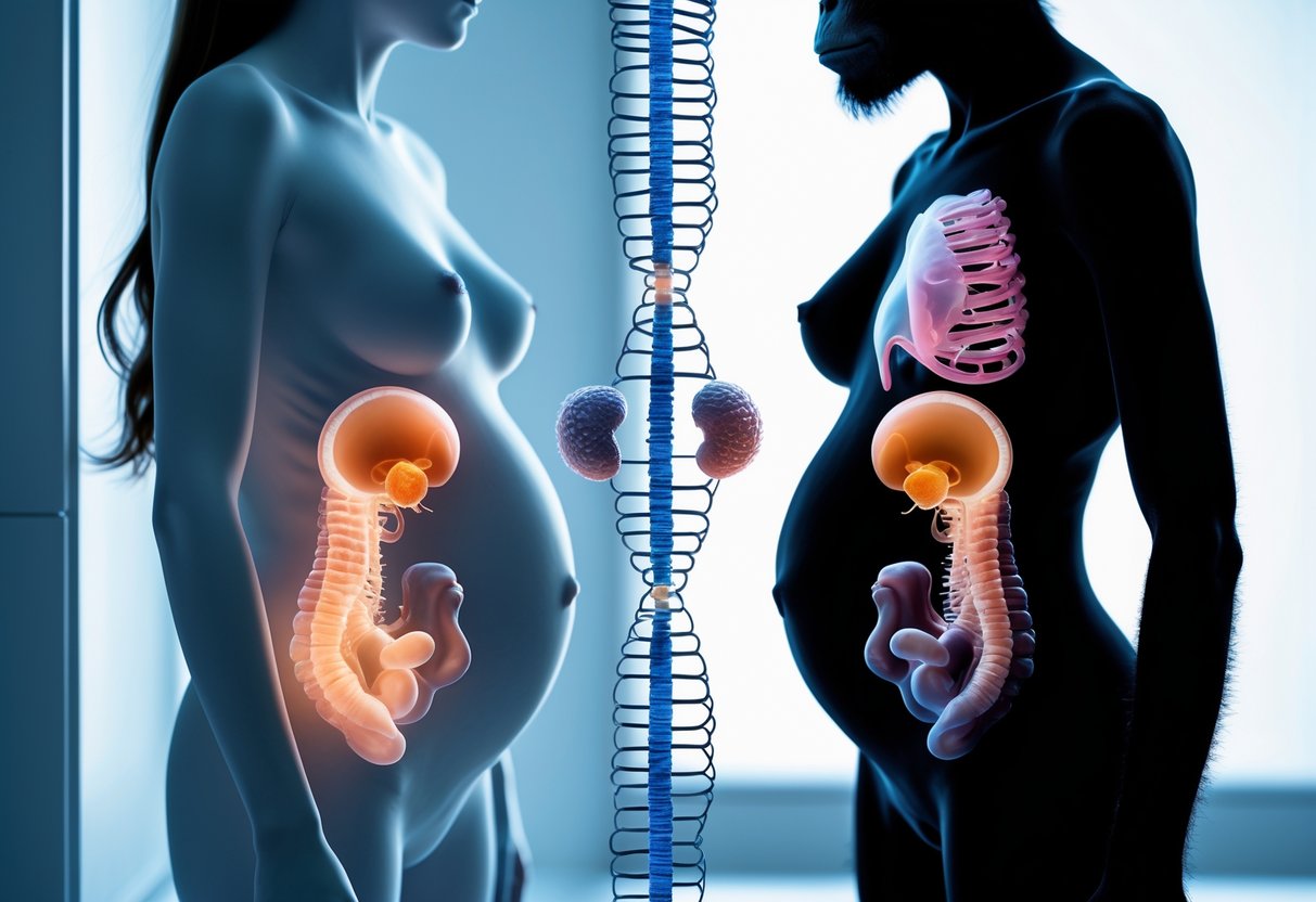 Split image showing a human female and a chimpanzee female with transparent views of their reproductive organs separated by a symbolic biological barrier.
