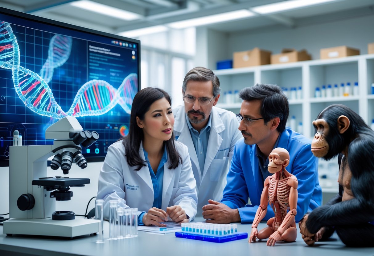 Scientists discussing genetic information in a laboratory with human and chimpanzee anatomical models on a table.