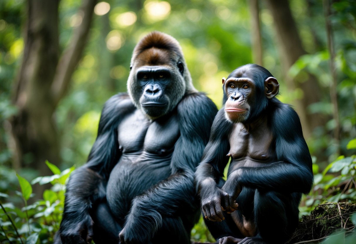 A gorilla and a chimpanzee sitting side by side in a forest, both looking attentive and calm.