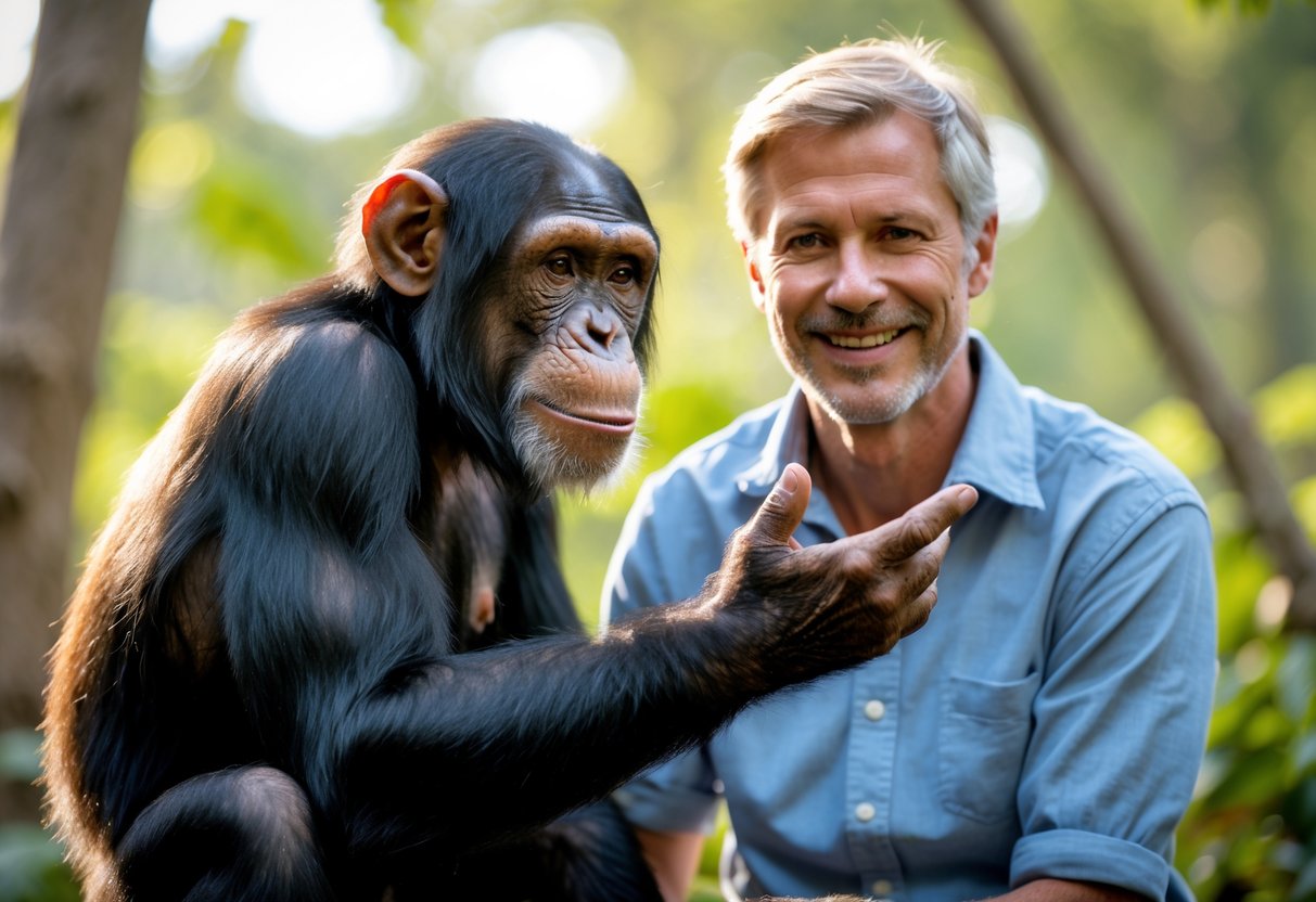 A chimpanzee and a human gently touching hands outdoors, both appearing calm and friendly.