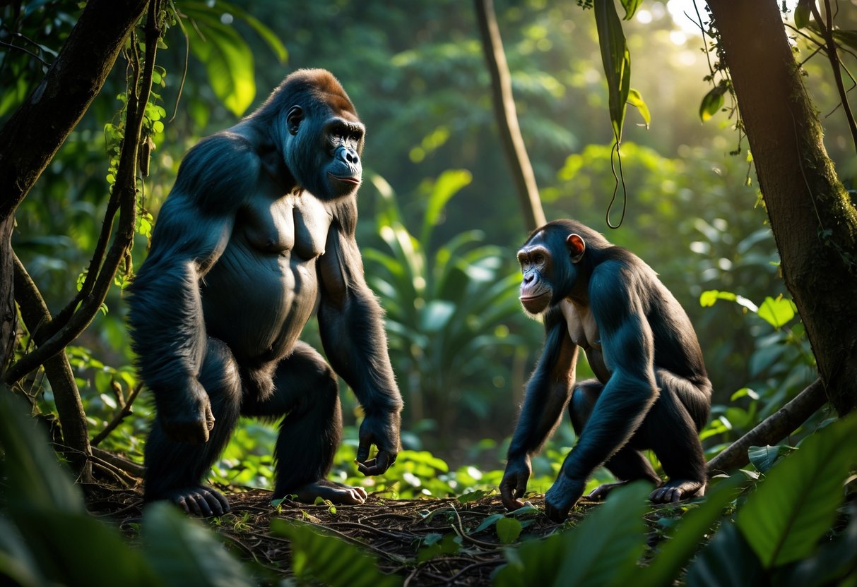 A gorilla and a chimpanzee facing each other in a dense jungle, appearing tense and alert.